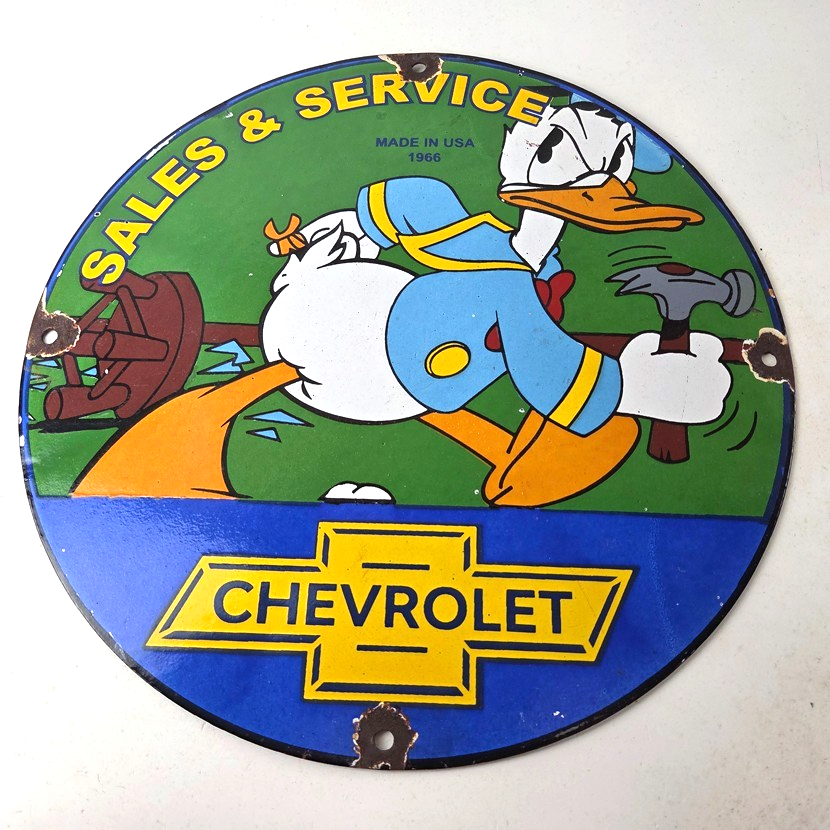 Vintage Chevrolet Sign - Automobilia Donald Duck Garage Porcelain Gas Pump Sign - Image 15