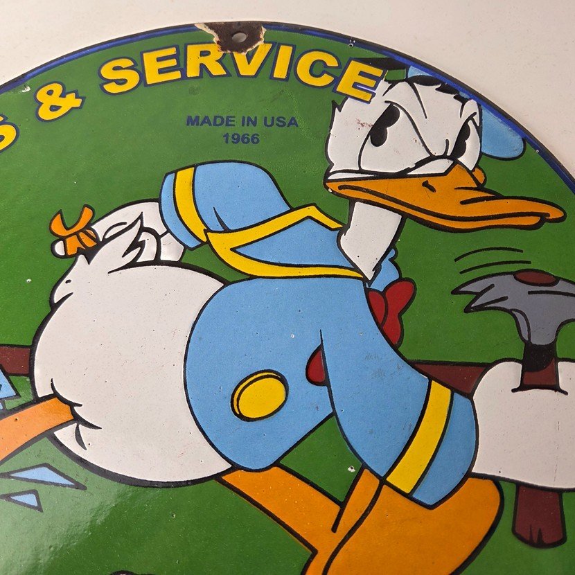 Vintage Chevrolet Sign - Automobilia Donald Duck Garage Porcelain Gas Pump Sign - Image 3