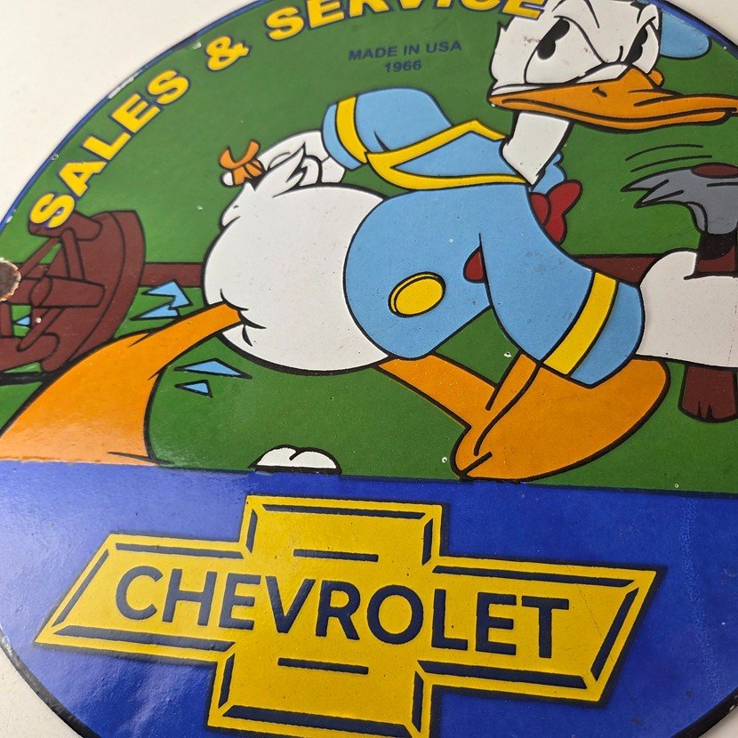 Vintage Chevrolet Sign - Automobilia Donald Duck Garage Porcelain Gas Pump Sign - Image 4