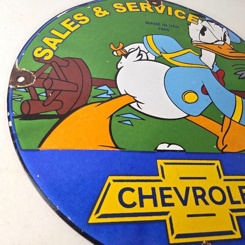 Vintage Chevrolet Sign - Automobilia Donald Duck Garage Porcelain Gas Pump Sign - Image 6