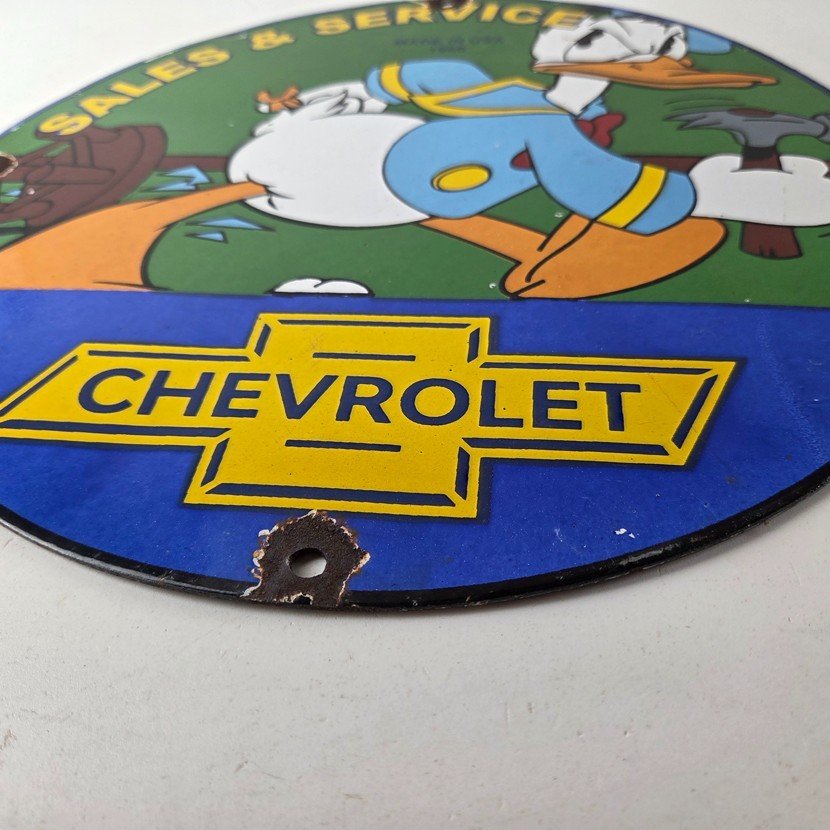 Vintage Chevrolet Sign - Automobilia Donald Duck Garage Porcelain Gas Pump Sign - Image 10