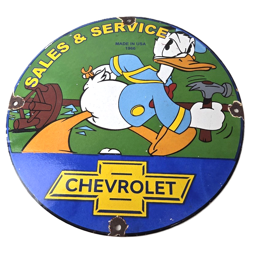Vintage Chevrolet Sign - Automobilia Donald Duck Garage Porcelain Gas Pump Sign