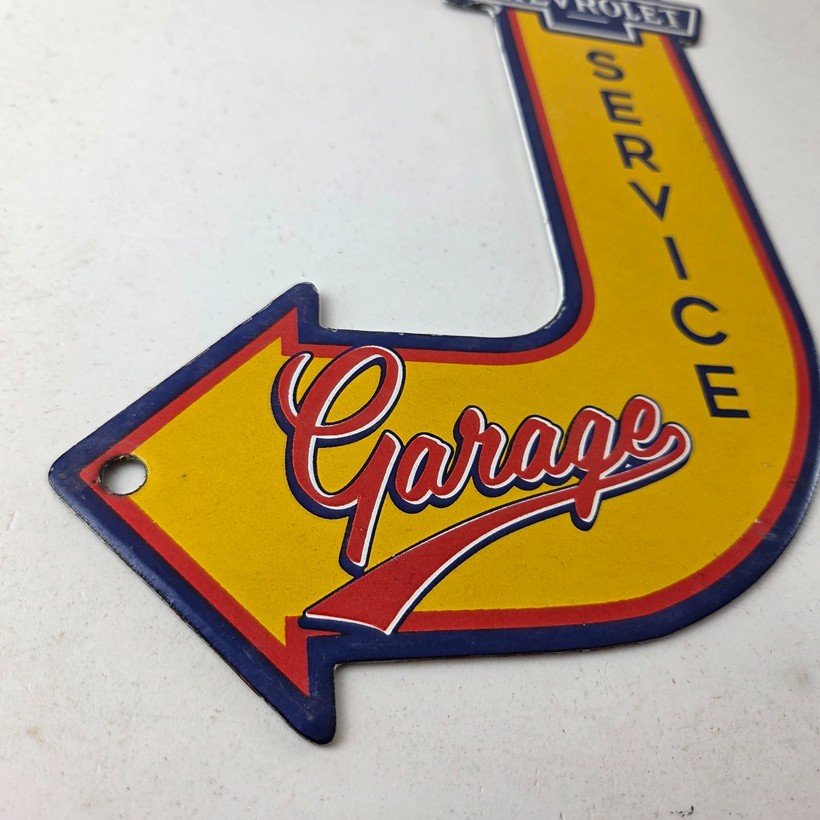 Vintage Chevrolet Sign - Porcelain Service Arrow Gas Oil Pump Chevy Garage Sign - Image 11