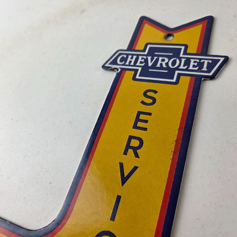 Vintage Chevrolet Sign - Porcelain Service Arrow Gas Oil Pump Chevy Garage Sign - Image 12