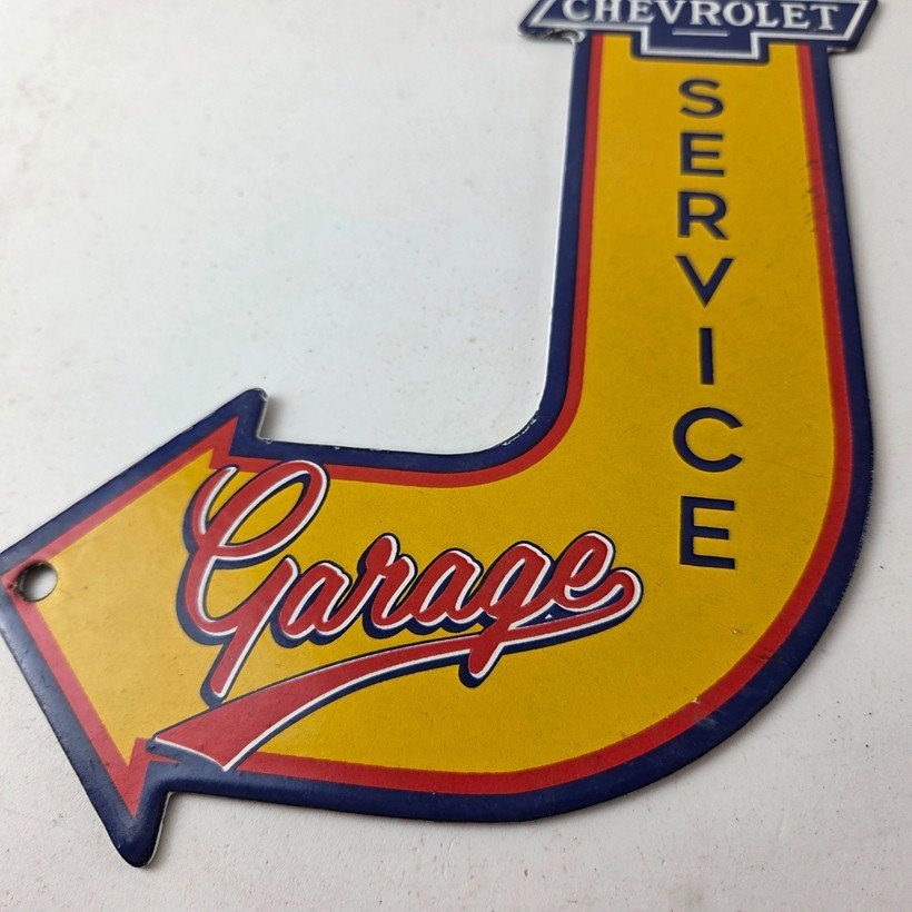 Vintage Chevrolet Sign - Porcelain Service Arrow Gas Oil Pump Chevy Garage Sign - Image 4