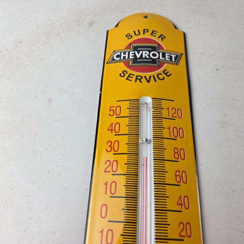 Vintage Chevrolet Sign - Super Service Gas Pump Sign on Porcelain Thermometer - Image 3