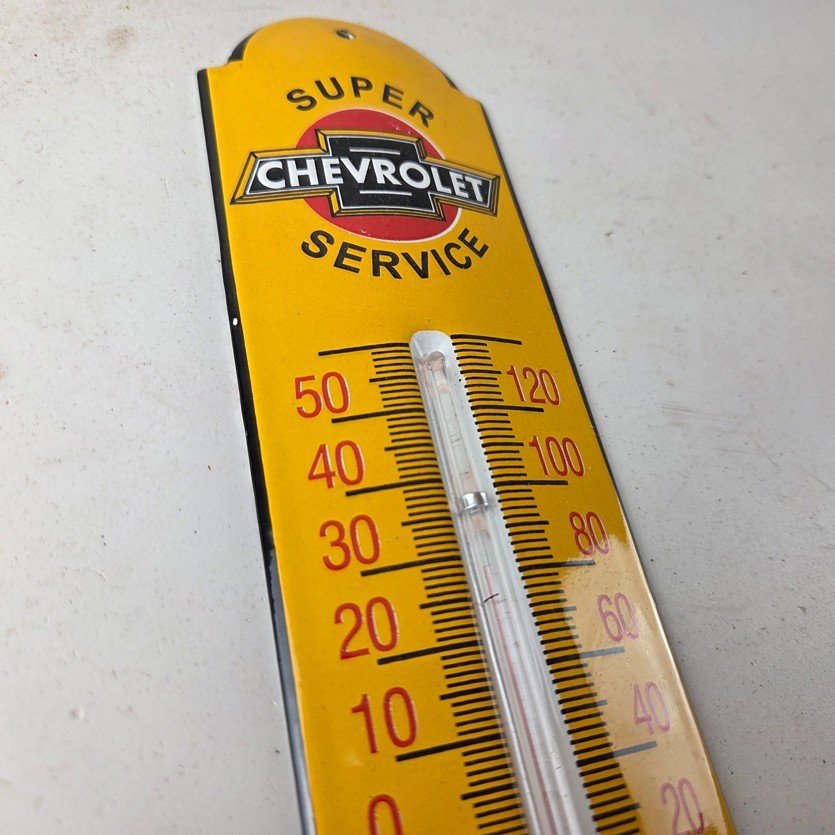 Vintage Chevrolet Sign - Super Service Gas Pump Sign on Porcelain Thermometer - Image 5