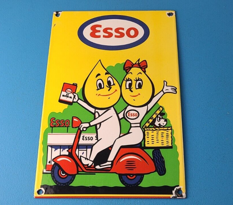 Vintage Esso Gasoline Porcelain Sign Oil Drop Boy Scooter Vespa Gas Pump Sign 306081423960