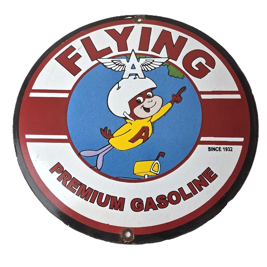 Vintage Flying A Gasoline Sign - Porcelain Aviation Service Hang Glider Sign