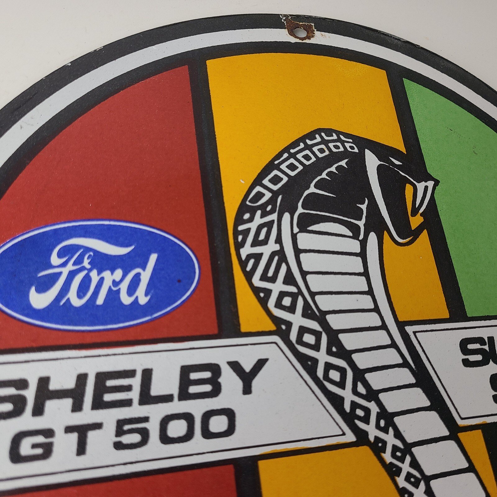 Vintage Ford Motors Porcelain Shelby GT 500 Super Snake Gas Pump Automotive Sign - Image 5