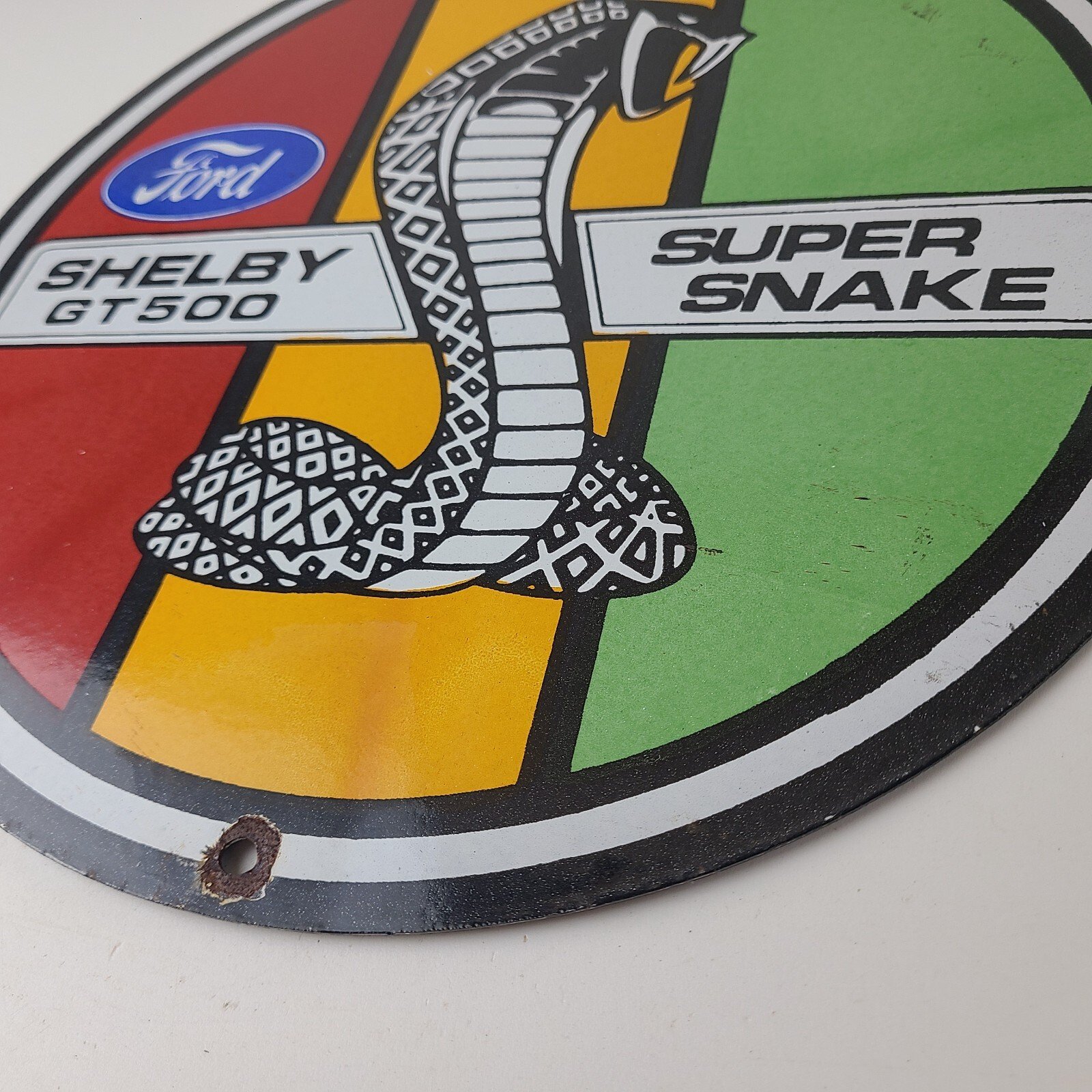 Vintage Ford Motors Porcelain Shelby GT 500 Super Snake Gas Pump Automotive Sign - Image 10