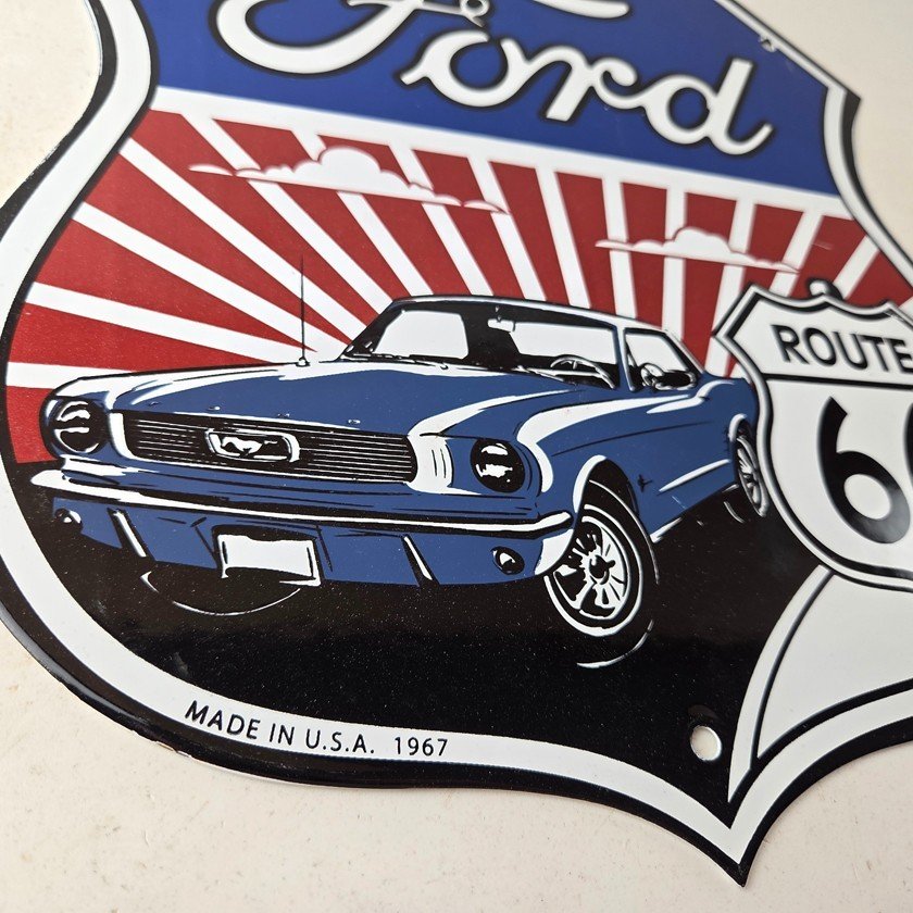 Vintage Ford Motors Sign - Porcelain Route 66 Mustang Gas Pump Shield Sign - Image 11