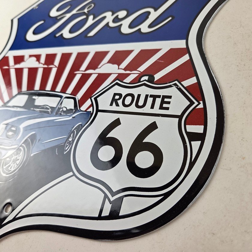 Vintage Ford Motors Sign - Porcelain Route 66 Mustang Gas Pump Shield Sign - Image 13
