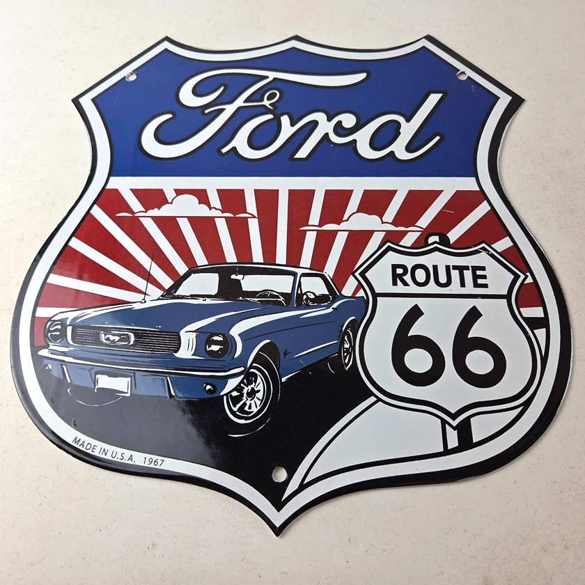 Vintage Ford Motors Sign - Porcelain Route 66 Mustang Gas Pump Shield Sign - Image 15