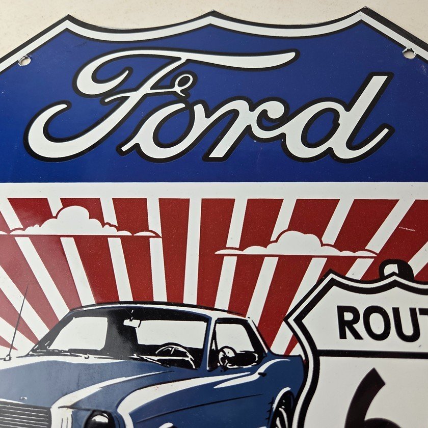 Vintage Ford Motors Sign - Porcelain Route 66 Mustang Gas Pump Shield Sign - Image 3