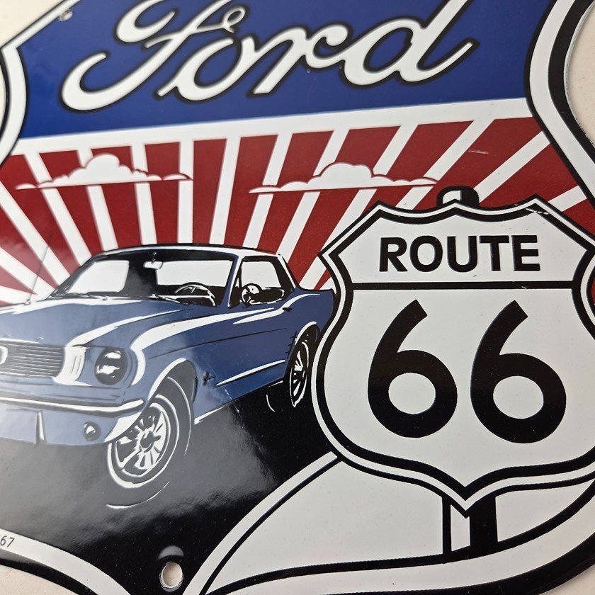 Vintage Ford Motors Sign - Porcelain Route 66 Mustang Gas Pump Shield Sign - Image 4