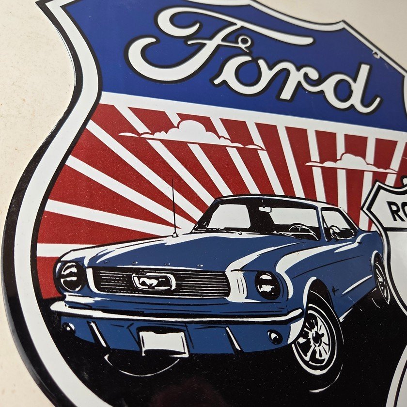 Vintage Ford Motors Sign - Porcelain Route 66 Mustang Gas Pump Shield Sign - Image 6
