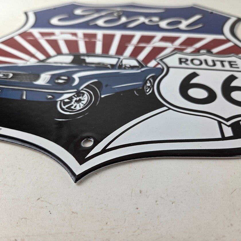 Vintage Ford Motors Sign - Porcelain Route 66 Mustang Gas Pump Shield Sign - Image 10