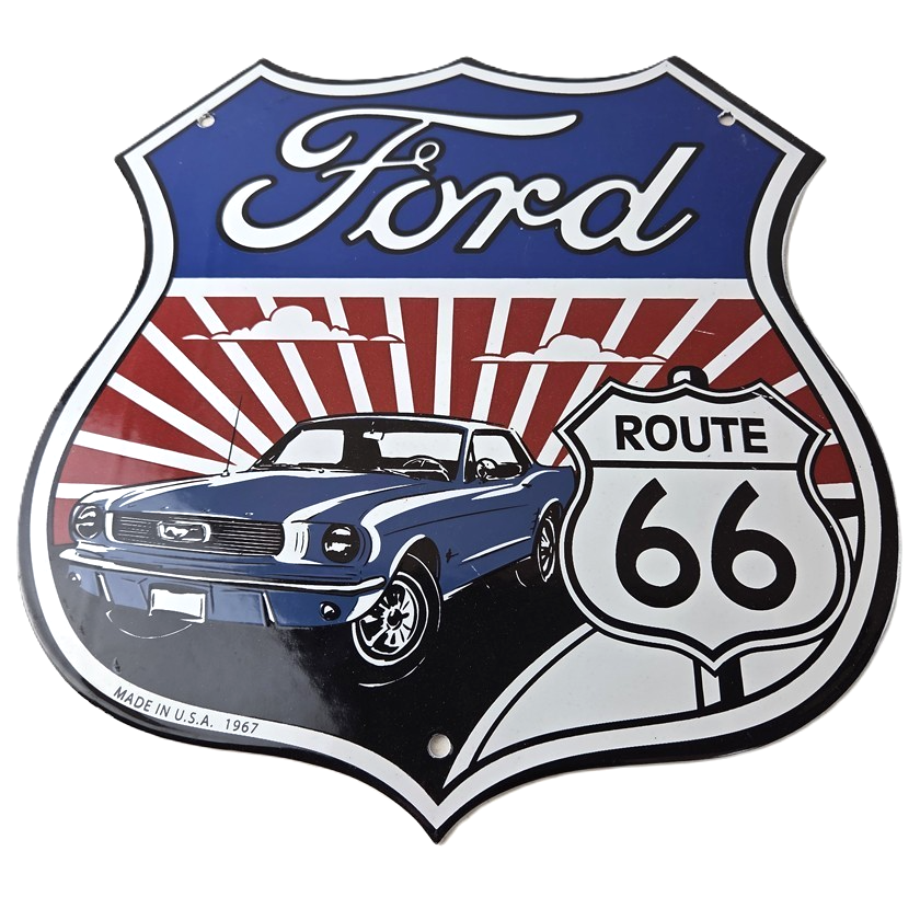 Vintage Ford Motors Sign - Porcelain Route 66 Mustang Gas Pump Shield Sign