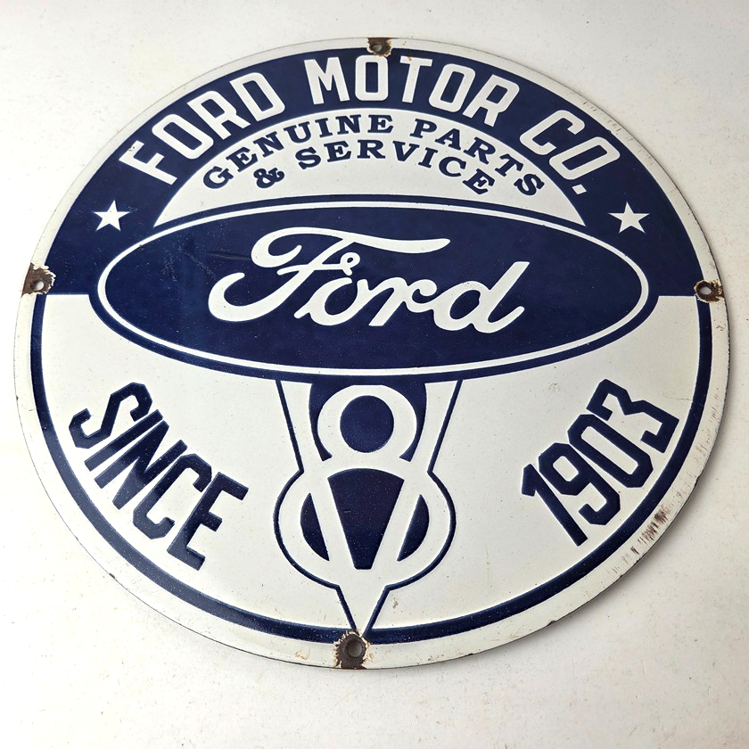 Vintage Ford Motors Sign - V8 Genuine Parts Service Dealership Porcelain Sign - Image 15