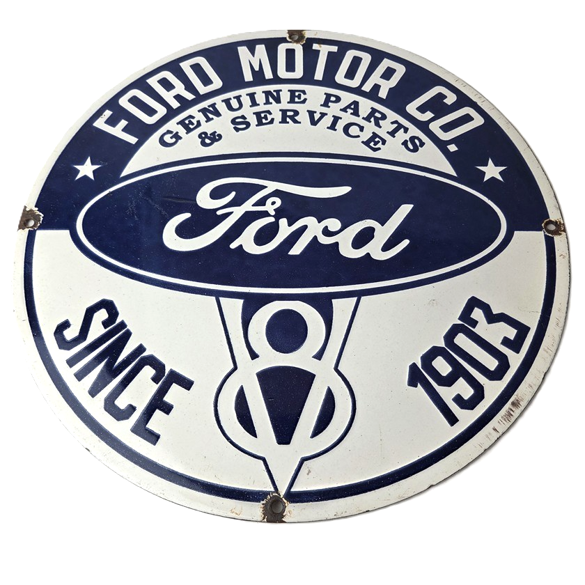 Vintage Ford Motors Sign - V8 Genuine Parts Service Dealership Porcelain Sign