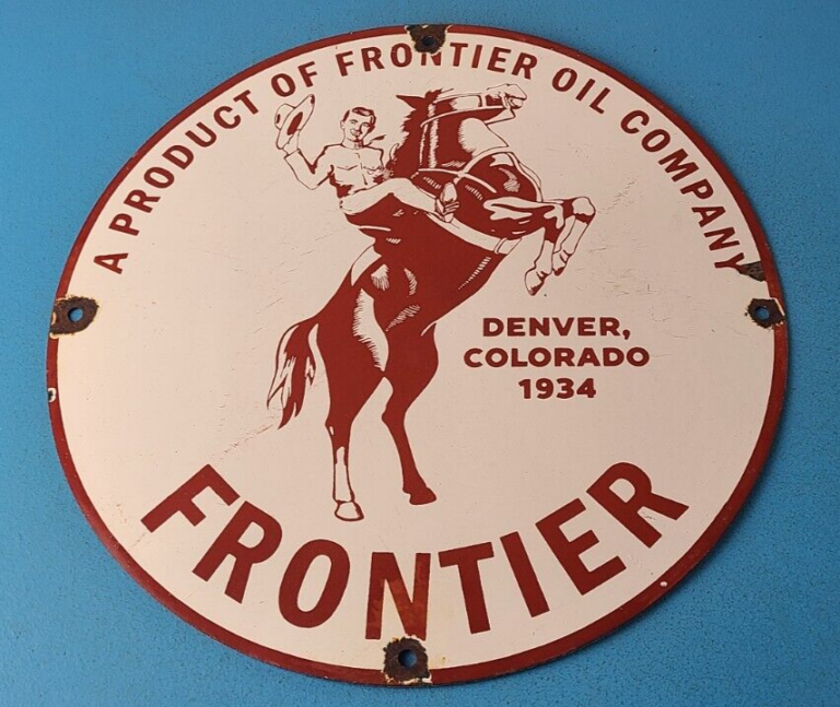 Vintage Frontier Gasoline Sign Cowboy Gas Oil Service Station Porcelain Sign 306069127290