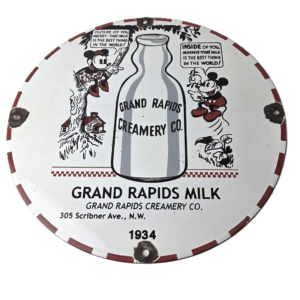 Vintage Grand Rapids Creamery Sign - Mickey Mouse Drink Milk Gas Service Sign
