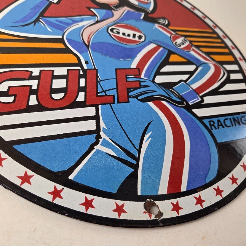 Vintage Gulf Gasoline Sign - Racing Automobile Porcelain Gas Pump Sign - Image 11