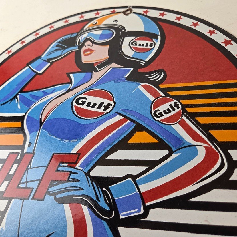 Vintage Gulf Gasoline Sign - Racing Automobile Porcelain Gas Pump Sign - Image 12