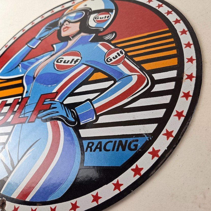 Vintage Gulf Gasoline Sign - Racing Automobile Porcelain Gas Pump Sign - Image 13