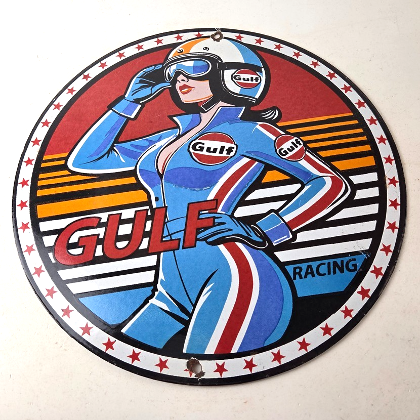 Vintage Gulf Gasoline Sign - Racing Automobile Porcelain Gas Pump Sign - Image 15
