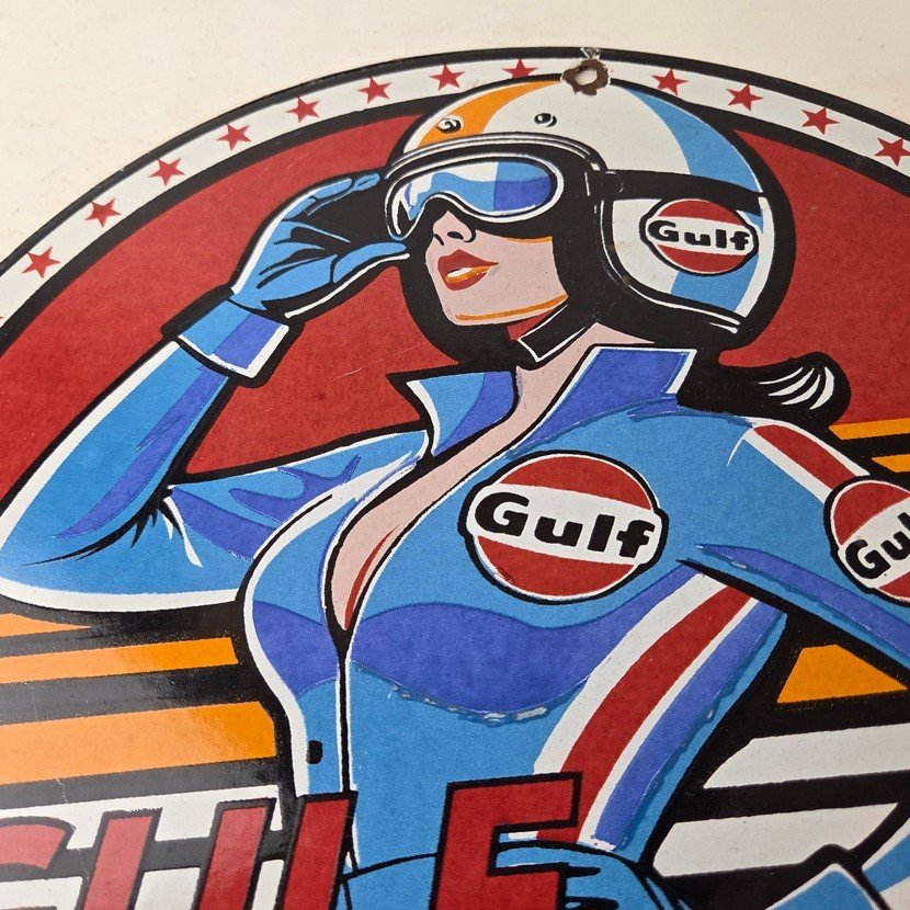 Vintage Gulf Gasoline Sign - Racing Automobile Porcelain Gas Pump Sign - Image 3