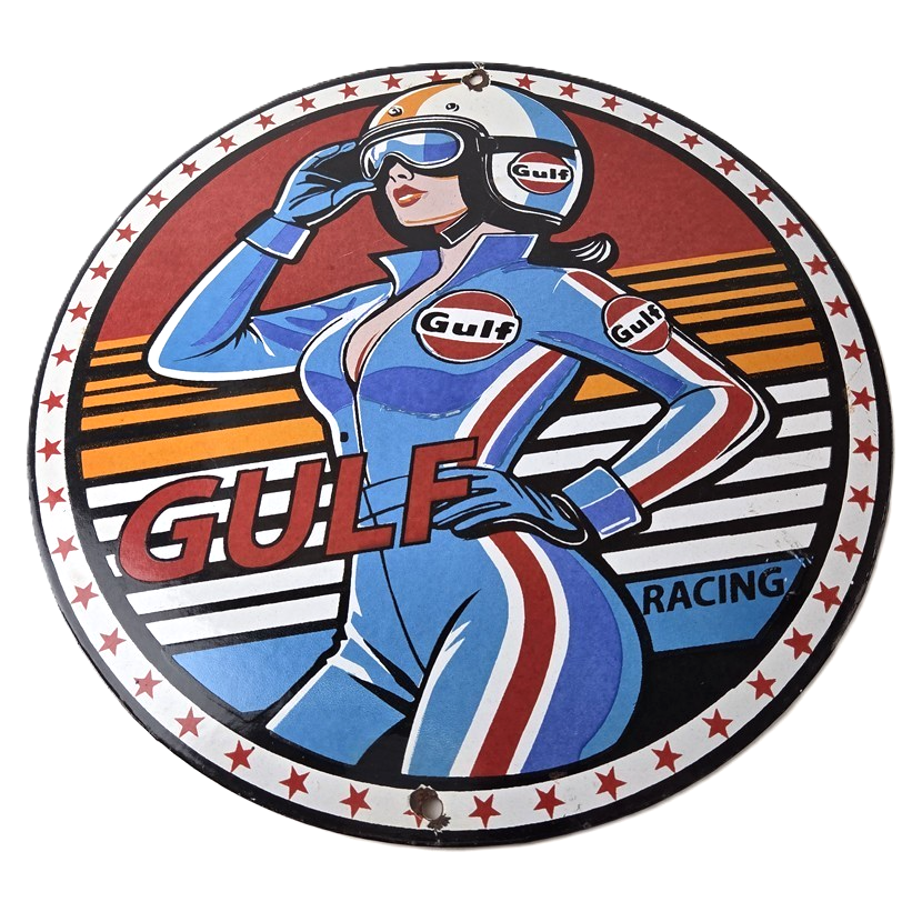 Vintage Gulf Gasoline Sign - Racing Automobile Porcelain Gas Pump Sign