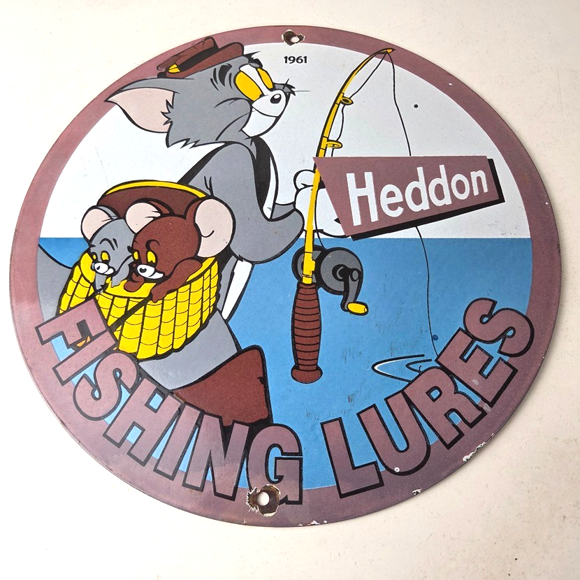 Vintage Heddon Fishing Lures Sign - Fish Tackle Gas Advertisement Porcelain Sign - Image 15