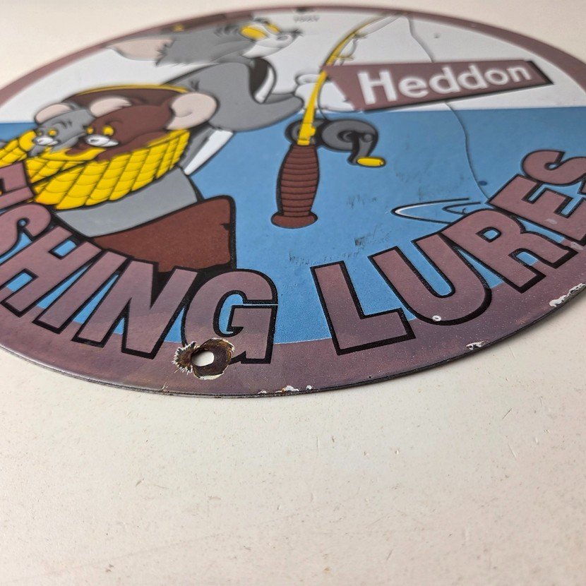 Vintage Heddon Fishing Lures Sign - Fish Tackle Gas Advertisement Porcelain Sign - Image 10