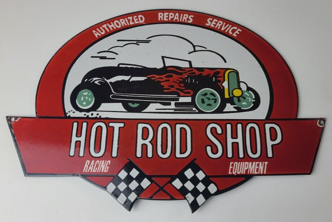 Vintage Hot Rod Shop Sign - Racing Equipment Auto Gas Pump Porcelain Sign - Image 3