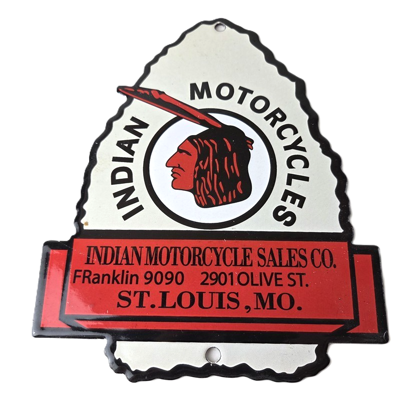 Vintage Indian Motorcycles Sign - Arrow Head Porcelain Gas Pump Sales Sign