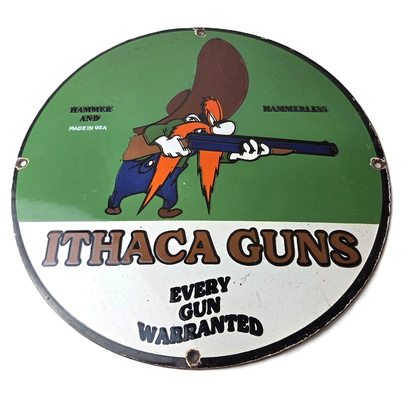 Vintage Ithaca Guns Hunter Porcelain Signs - Hammerless Every Gun Warranted Sign