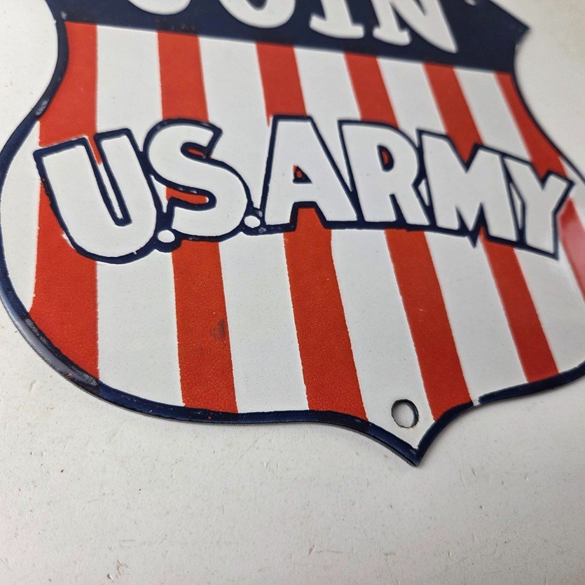 Vintage Join US Army Sign - Gas Pump American Shield Porcelain Sign - Image 11
