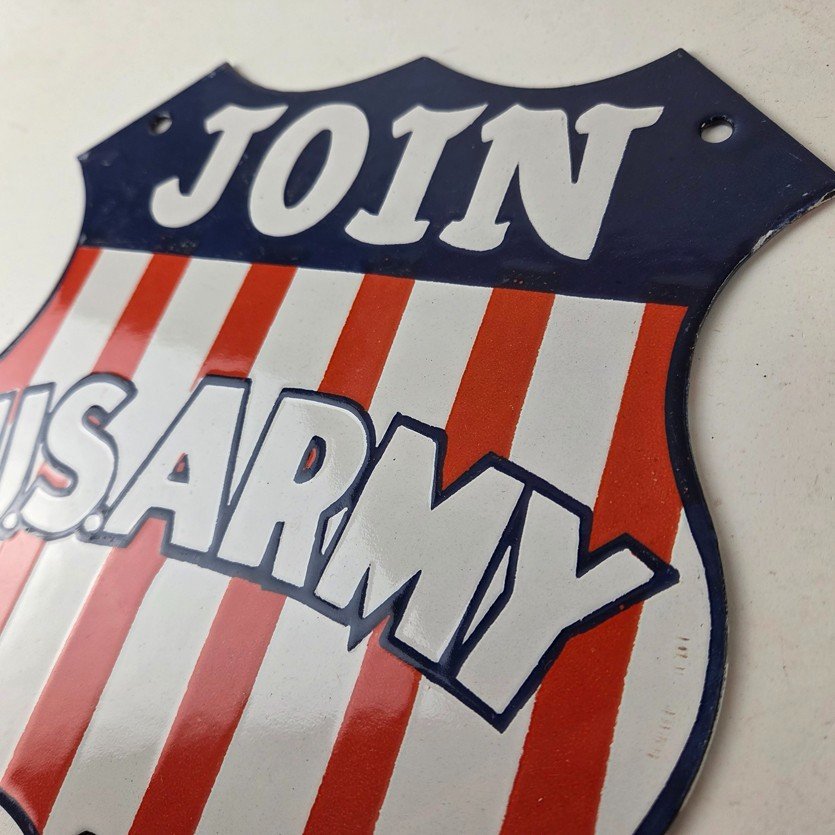 Vintage Join US Army Sign - Gas Pump American Shield Porcelain Sign - Image 12