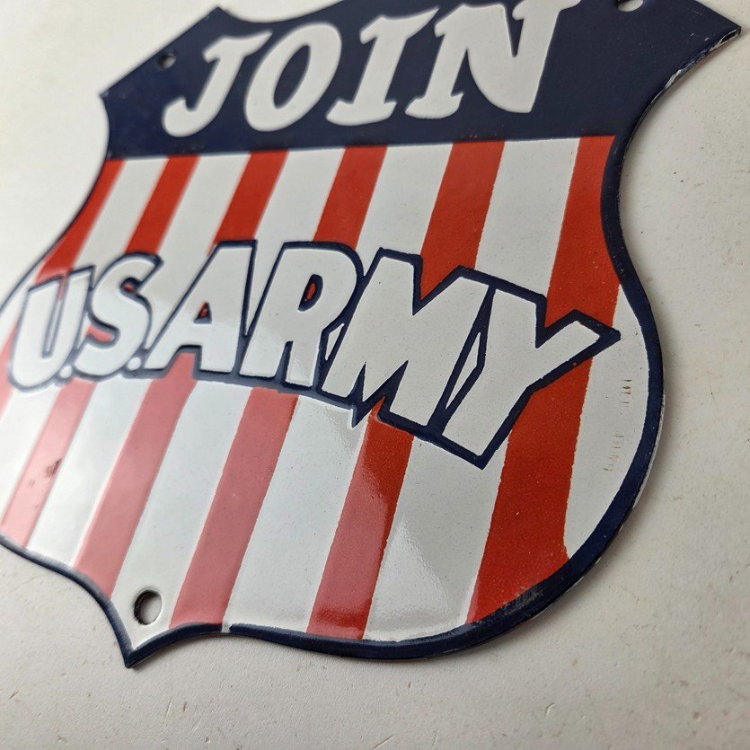Vintage Join US Army Sign - Gas Pump American Shield Porcelain Sign - Image 13