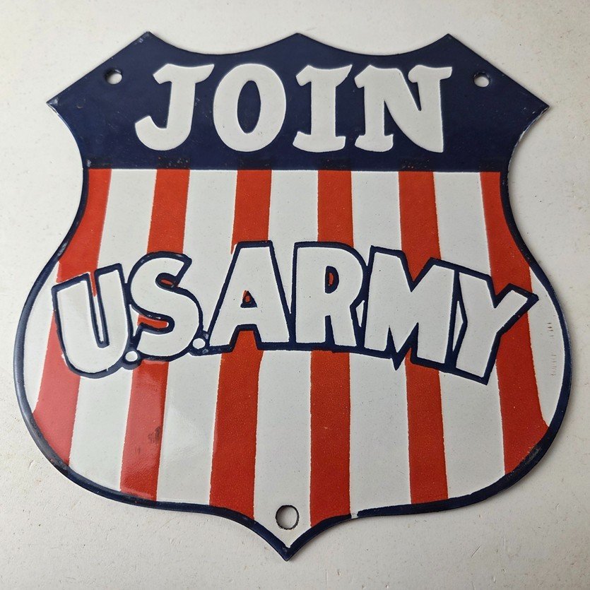 Vintage Join US Army Sign - Gas Pump American Shield Porcelain Sign - Image 15
