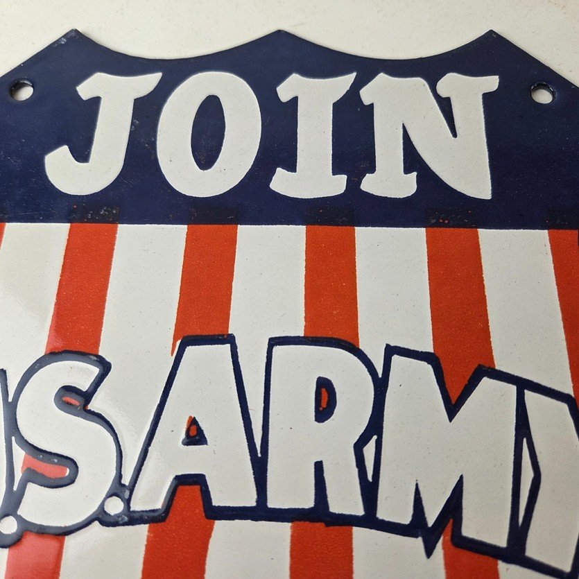 Vintage Join US Army Sign - Gas Pump American Shield Porcelain Sign - Image 3