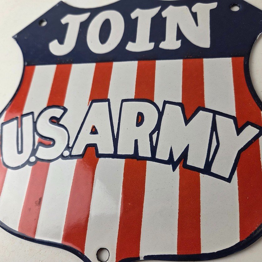 Vintage Join US Army Sign - Gas Pump American Shield Porcelain Sign - Image 4