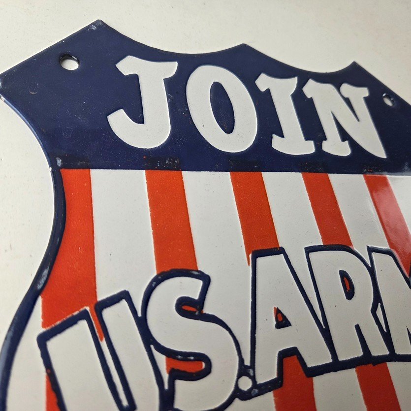 Vintage Join US Army Sign - Gas Pump American Shield Porcelain Sign - Image 5