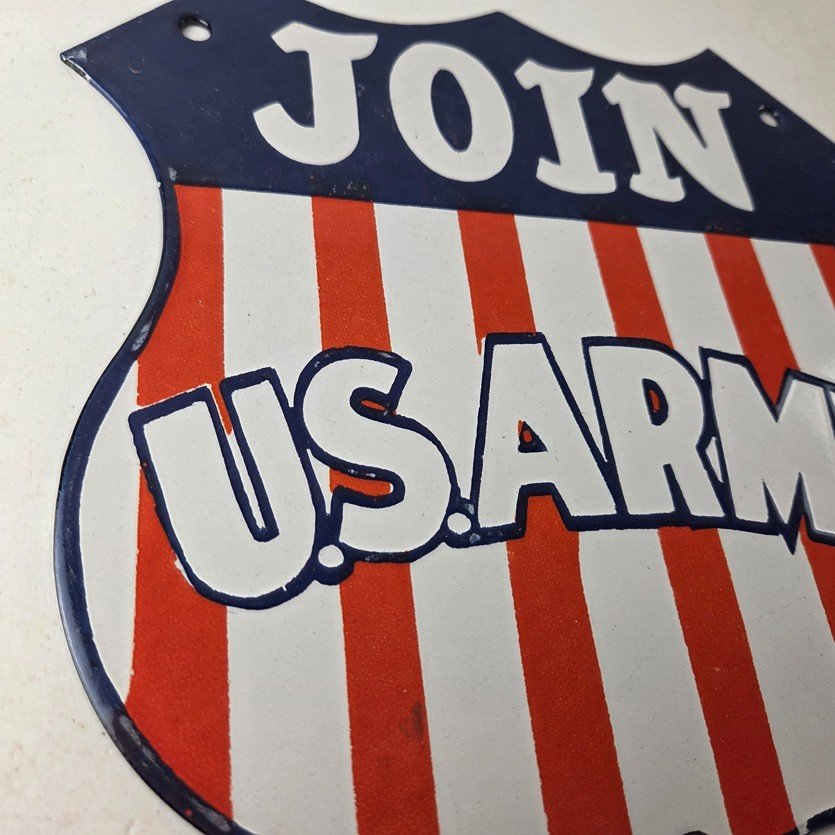 Vintage Join US Army Sign - Gas Pump American Shield Porcelain Sign - Image 6