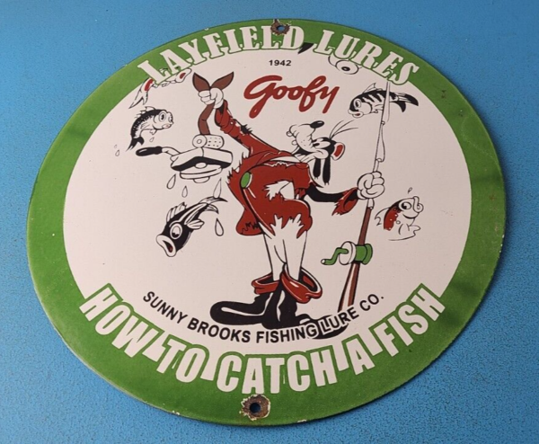 Vintage Layfield Sign Fishing Lures Sign Goofy Gas Service Pump Plate Sign