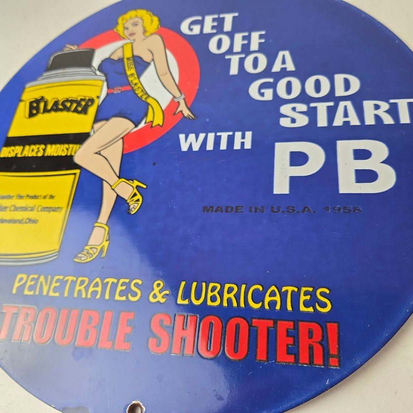 Vintage Lubricant Sign - Pin Up Trouble Shooter Porcelain Gas Service Sign - Image 4