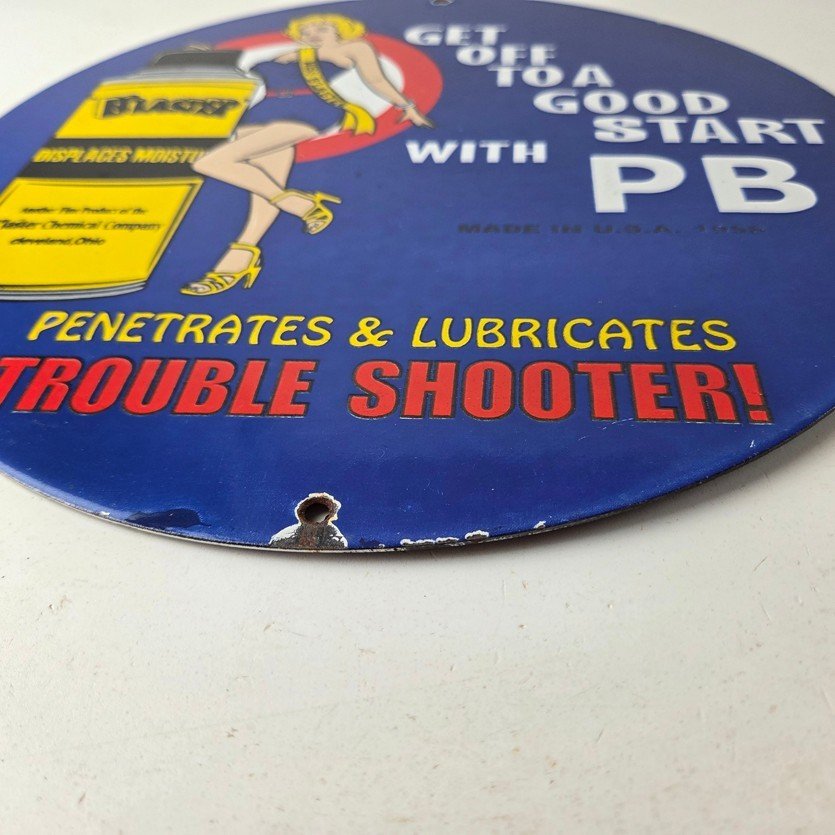 Vintage Lubricant Sign - Pin Up Trouble Shooter Porcelain Gas Service Sign - Image 10