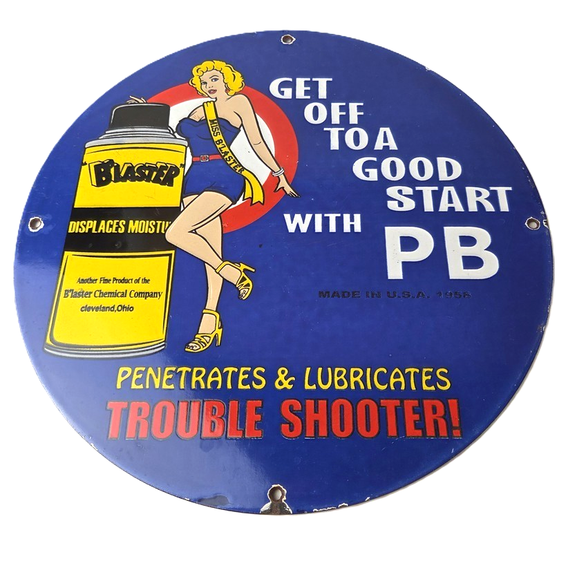 Vintage Lubricant Sign - Pin Up Trouble Shooter Porcelain Gas Service Sign